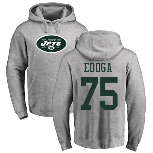 New York Jets Men Ash Chuma Edoga Name and Number Logo NFL Football #75 Pullover Hoodie Sweatshirts